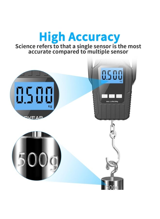 سكيل ميزان أمتعة رقمي معلق بشاشة LCD - ميزان يدوي محمول، سعة 50 كجم/110 رطل، وظيفة تصفير، تحويل وحدات متعددة، بطاريات مرفقة - Image 4